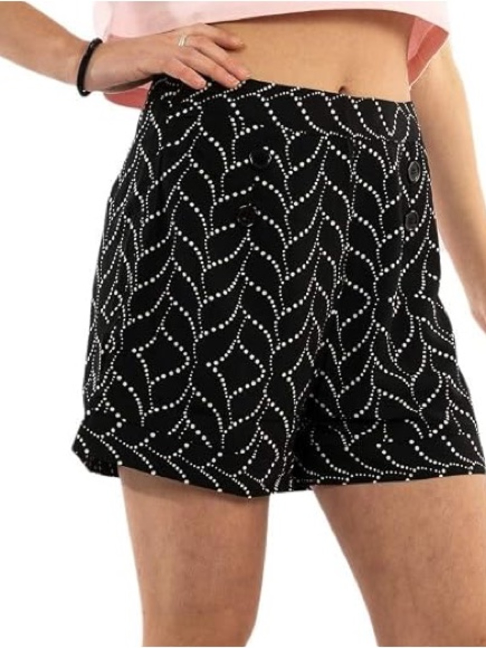 Molly Bracken| Black & White Button Front Shorts w/White Dot Wave Print Size XS